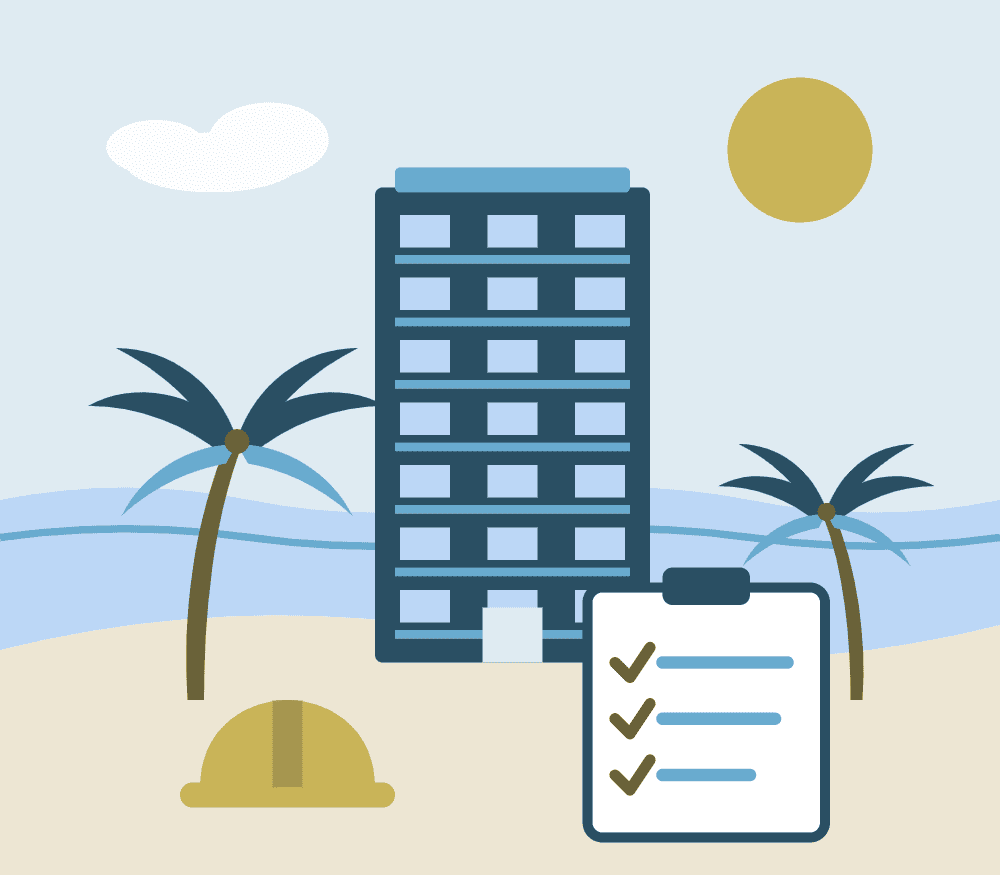 Flat illustration of a condo tower on a beach with a checked inspection list and hard hat