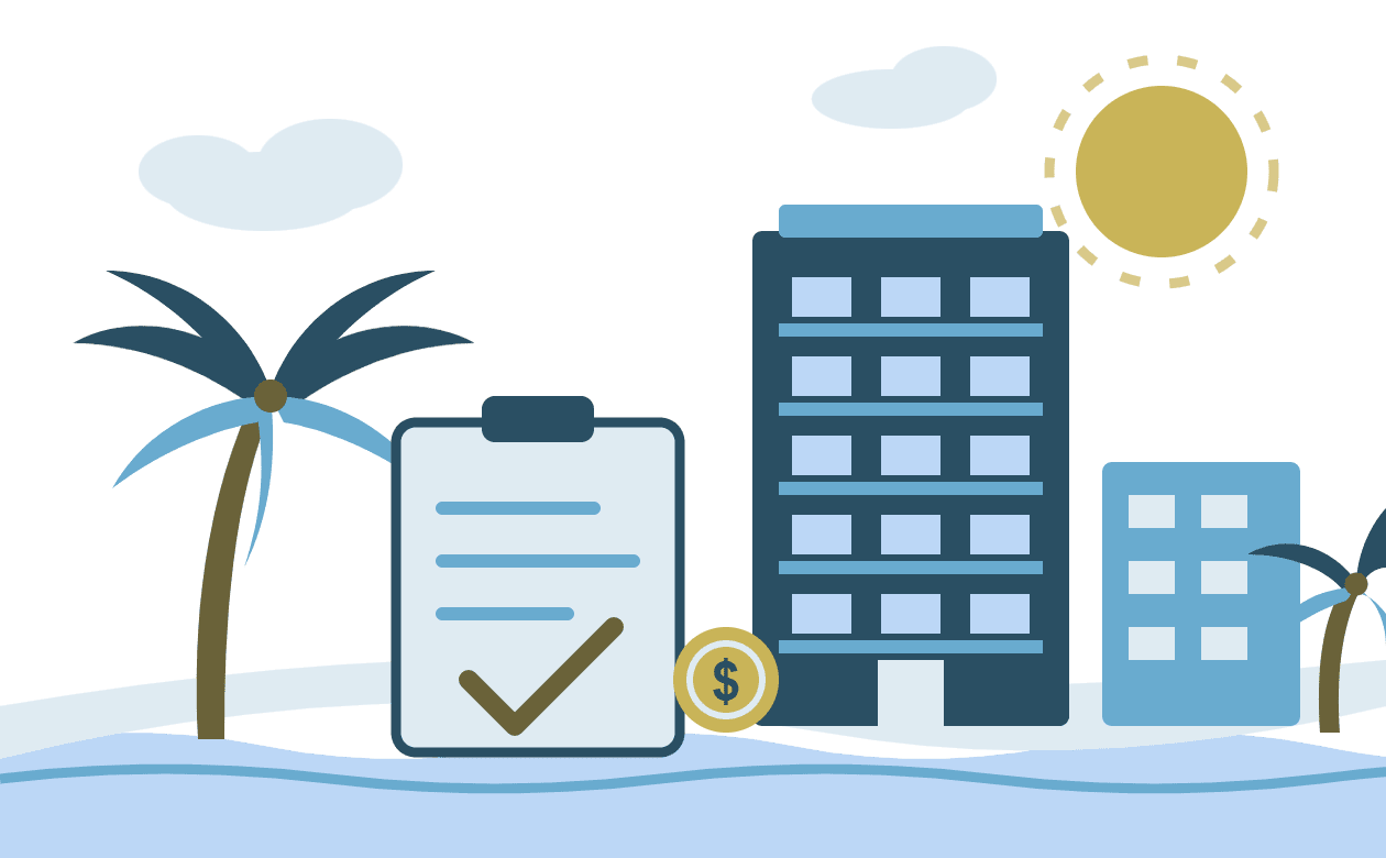 Flat illustration of a Florida condo tower, palm trees, sun, and a checked ledger