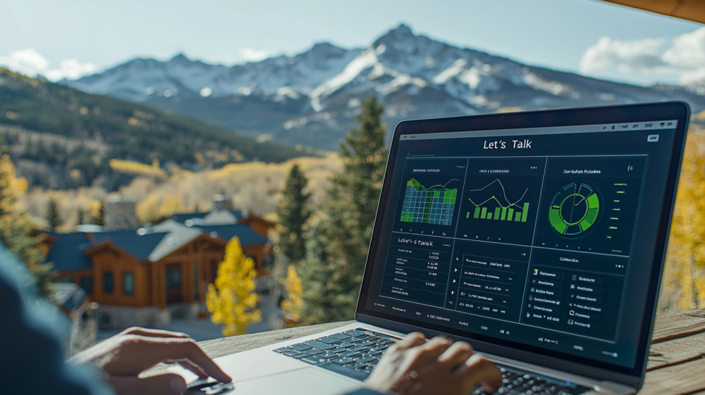 Laptop computer with snow capped mountains in the background