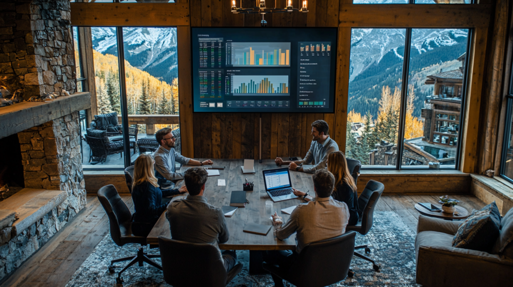 a group of people meeting at a lodge table with mountains outside