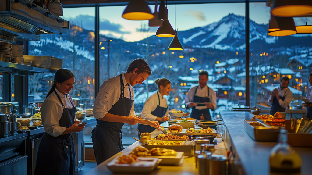 line cooks in a mountain lodge restaurant