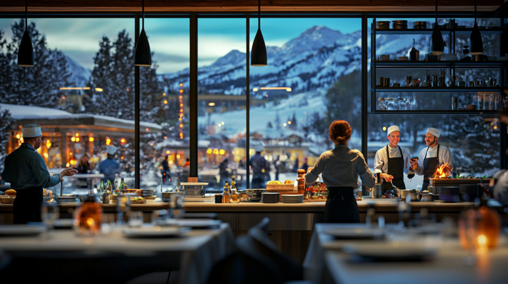 mountain restaurant interior with workers