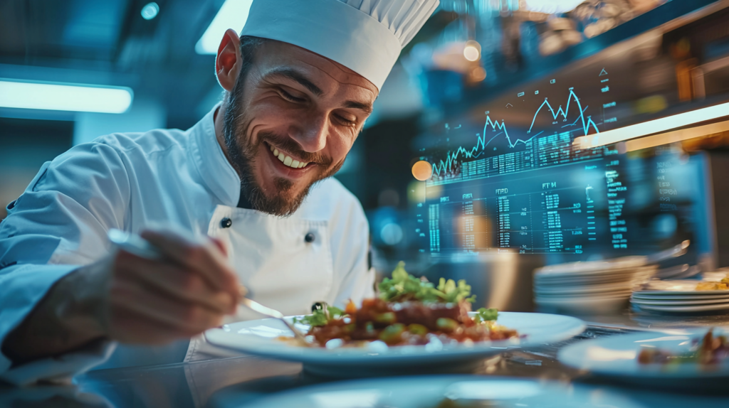chef in a kitchen with a plate of food