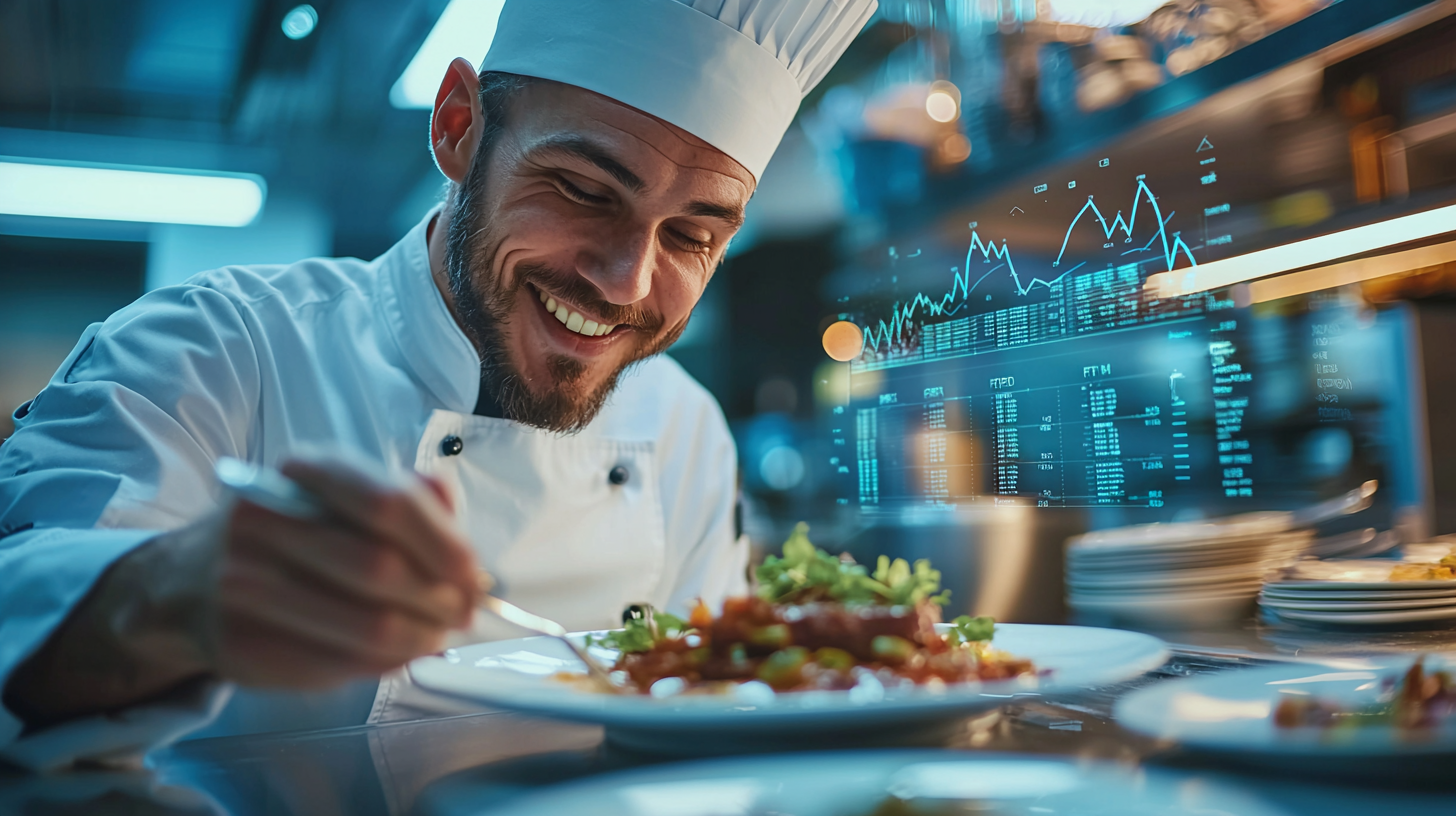 chef in a kitchen with a plate of food