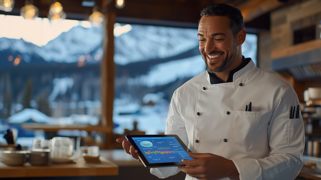 mountain lodge restaurant chef with a tablet computer