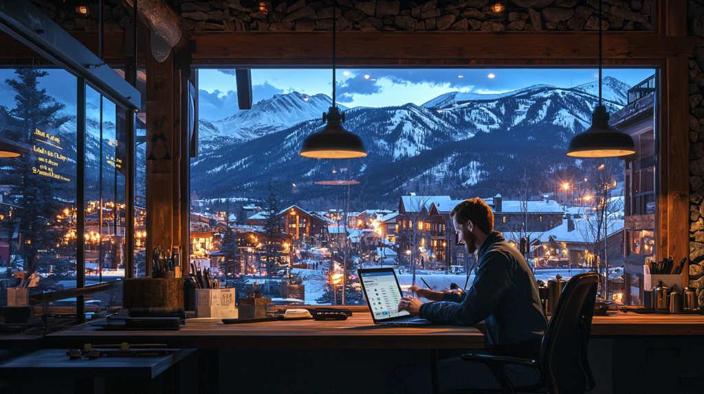 mountain lodge business owner man at his desk with a laptop computer